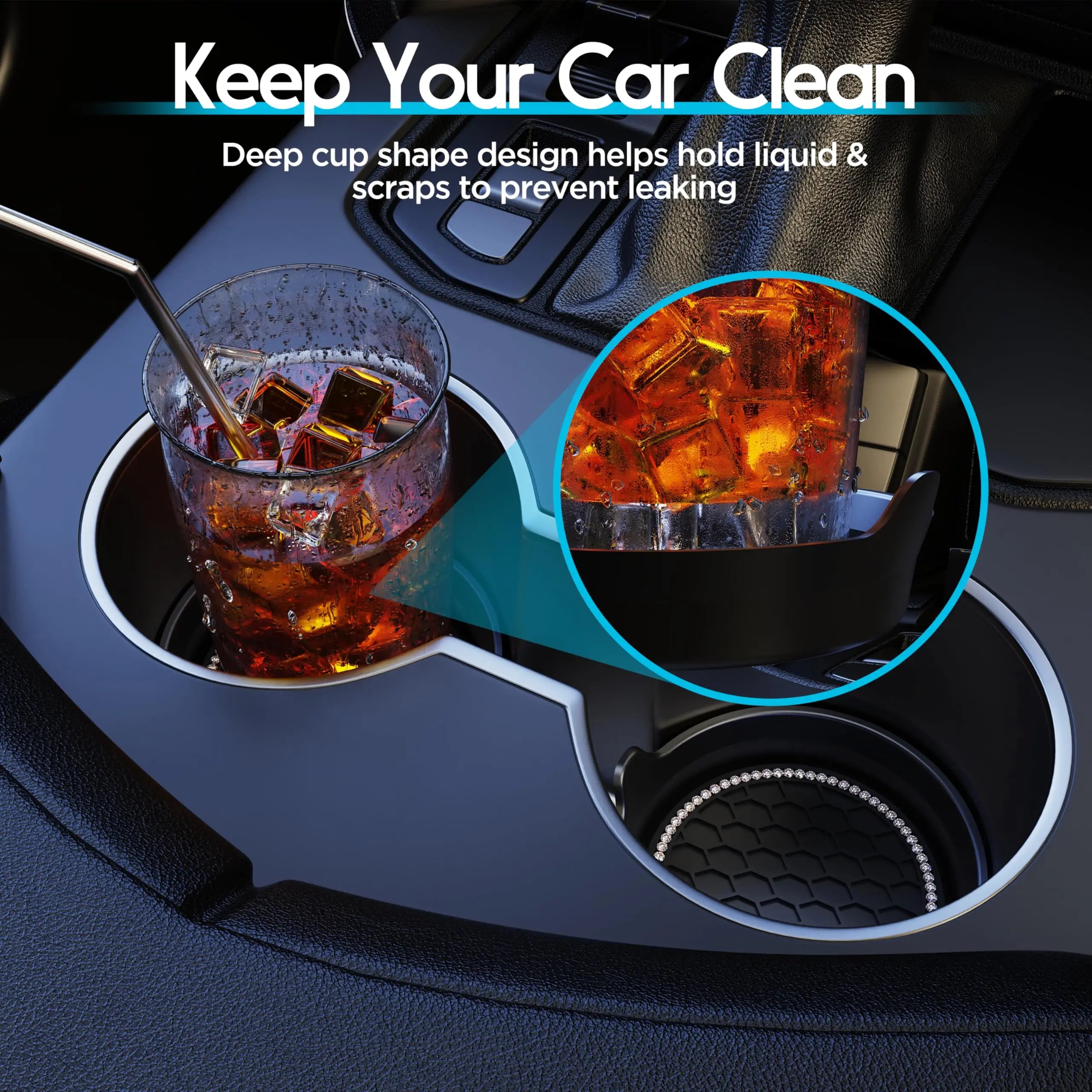 Rhinestone Car Cup Holder Coasters | Non-Slip Silicone Inserts
