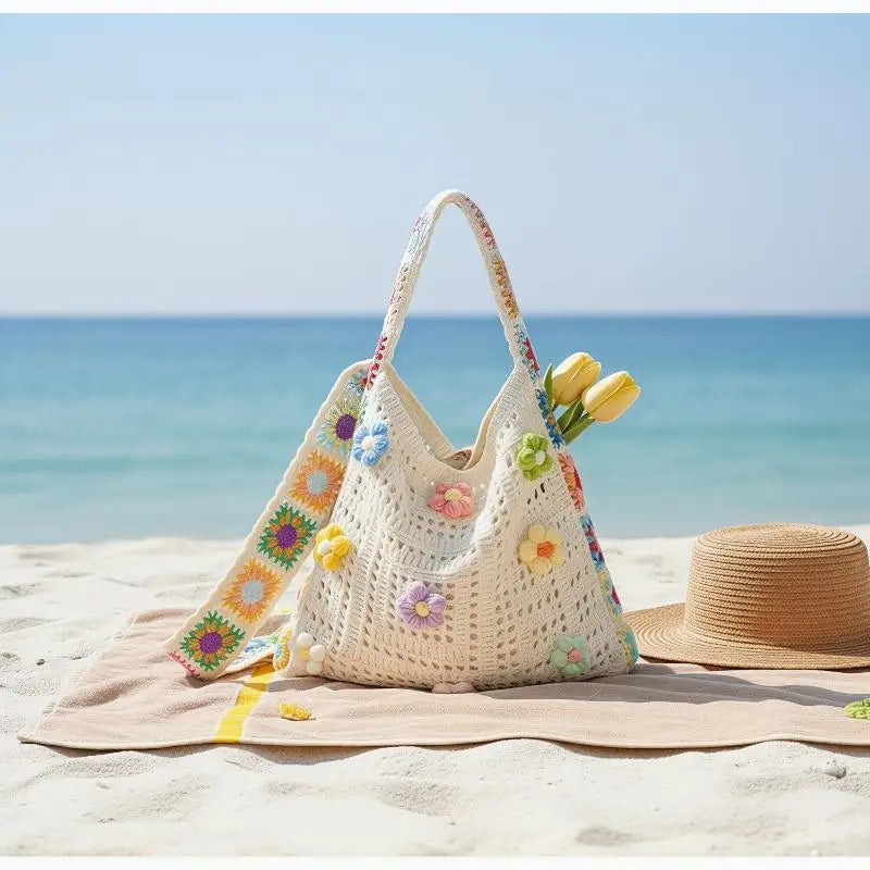 Large Capacity Boho Tote Bag Trendy Floral Crochet Handbag Vintage Multicolor Cut-out Knitted Handbag Fashionable Hollow Out Oasis Select