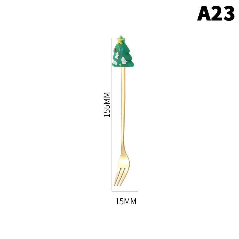 Stainless Steel Christmas Dessert Spoons Cake Forks with Cartoon Christmas Tree Elk Design - Set of 1/2/4/6 - Gift Box Included Oasis Select A23
