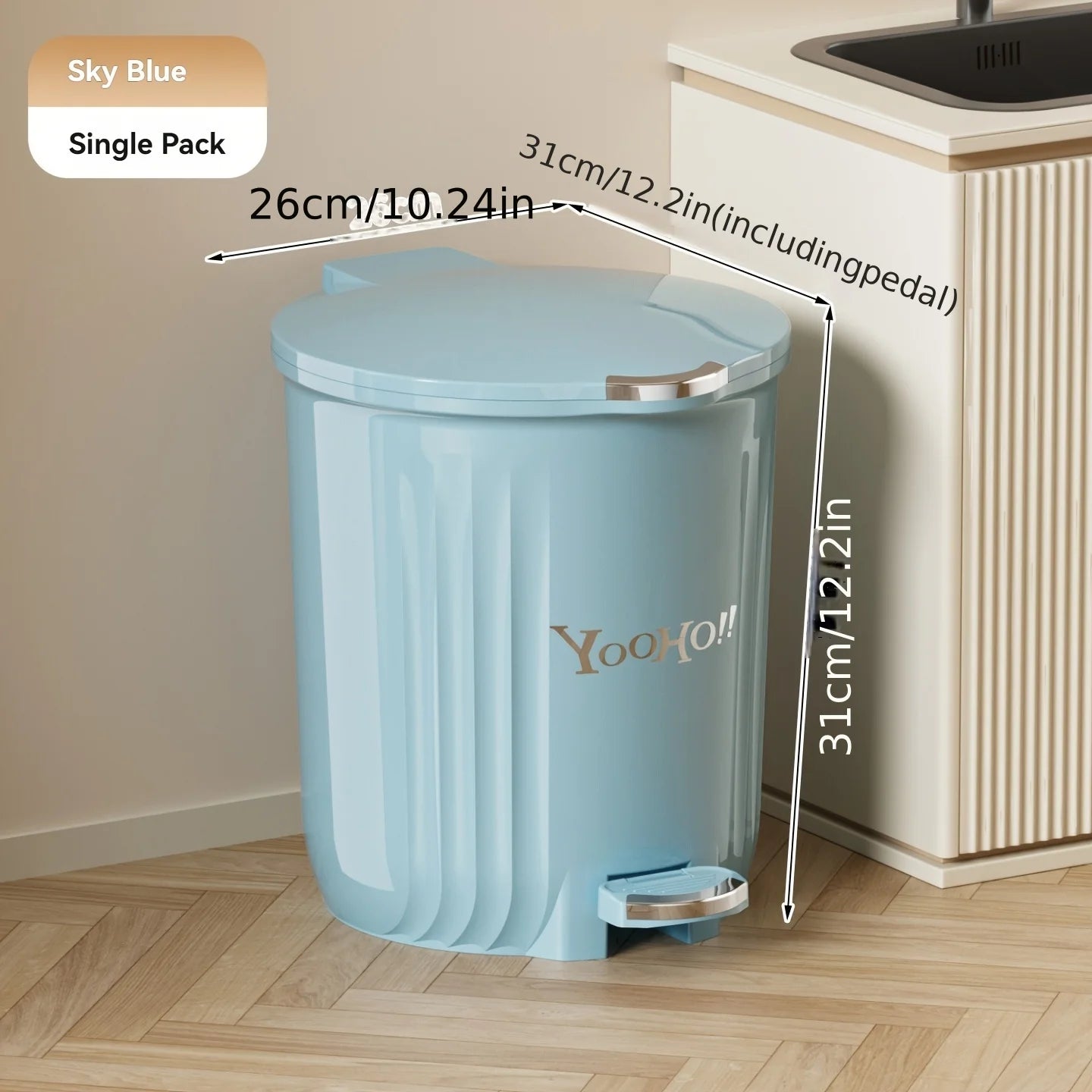 1Pcs Large-Capacity round Foot Pedal Trash Can Lidded Waterproof Waste Bin in Cream & Blue for Office Kitchen Bathroom Oasis Select Blue