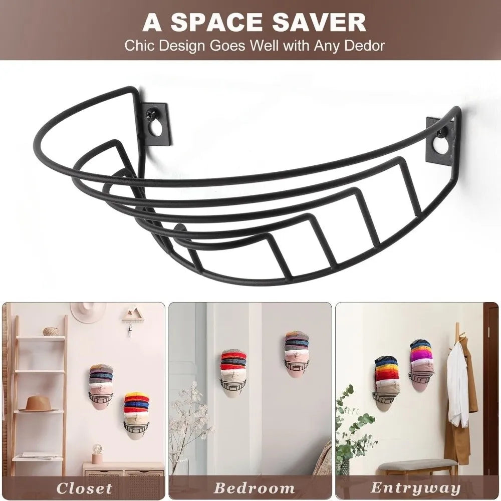 Wall Mounted Baseball Cap Rack – Black Iron Hat Organizer