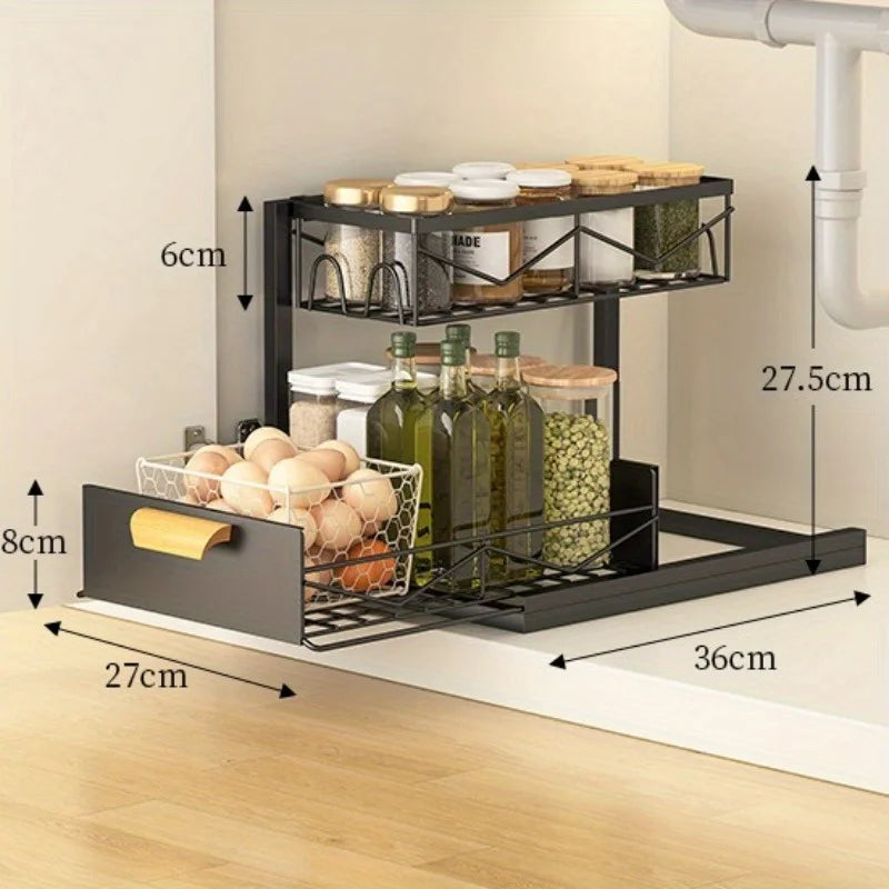 2-Tier Sliding Under Sink Organizer - Rustproof Metal Storage for Kitchen & Bathroom Cabinets,Ideal for Cleaning Supplies Oasis Select black