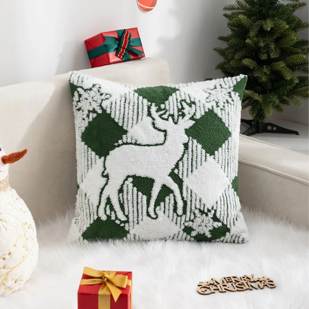 Christmas Throw Pillow Cover Christmas Tree Snowflake Elk Jacquard Plush Pillow Case Holiday Decor New Year's Home Cushion Case Oasis Select Green 1
