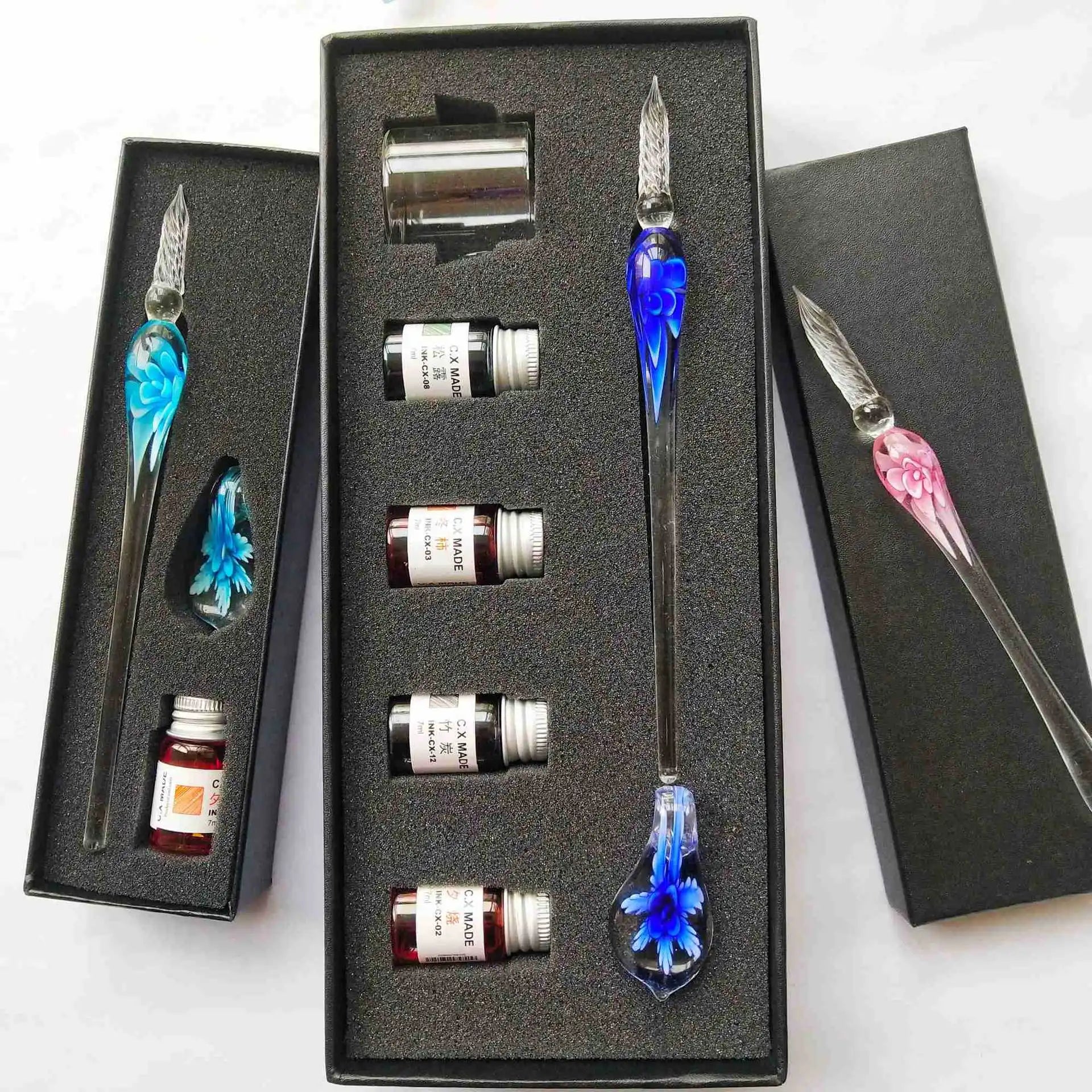 Embedded Flower Glass Pen Set Starry Sky Gold Powder Color Ink Dip in Water Pen Gift Box for Friends and Students as Gift Pen Oasis Select