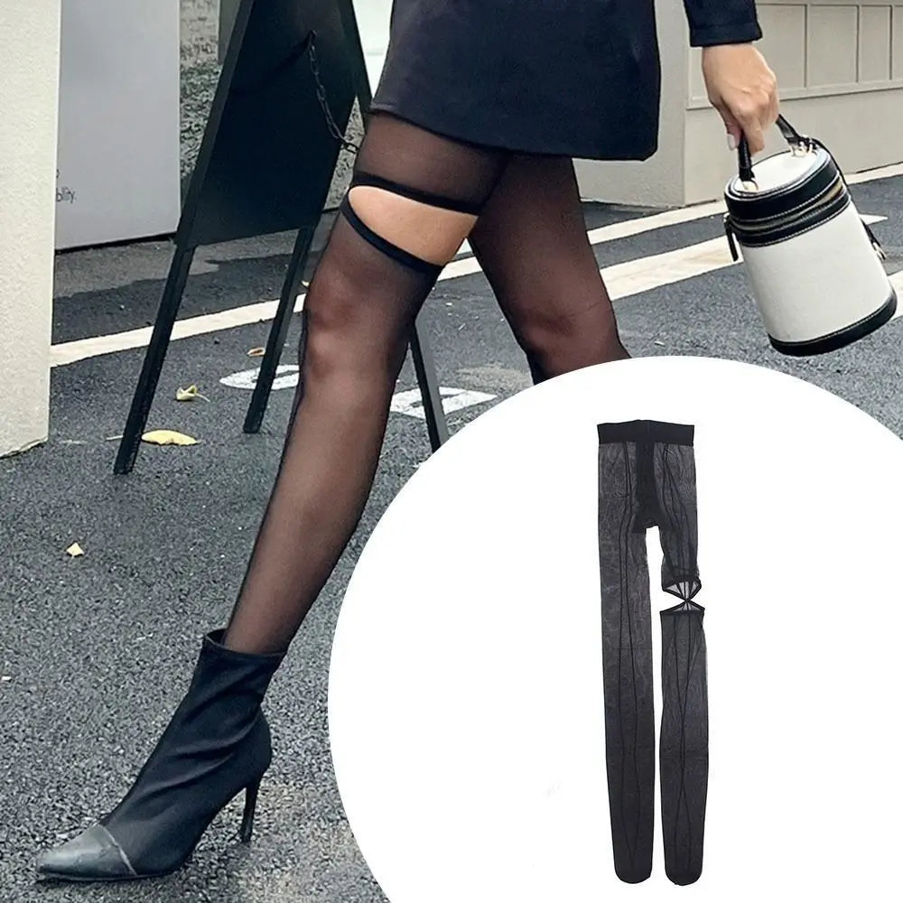 Fashion Personality High Pantyhose Asymmetry Hollow Out Female Stockings Leggings Perspective Vertical Line Tights Women Oasis Select