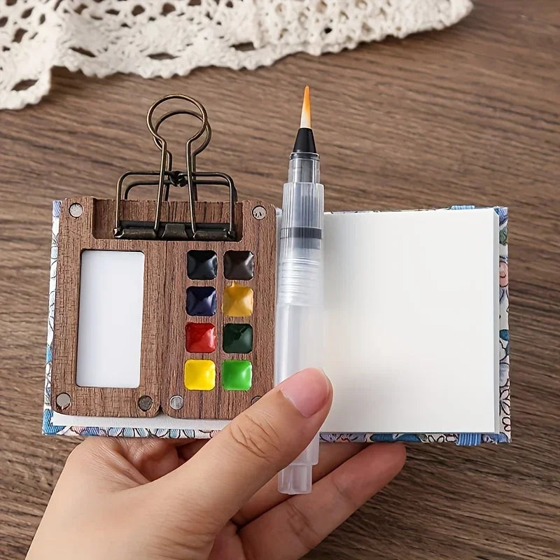 8/15 grids, mini wooden watercolor palette set, including clips, brushes, portable palette, no drawing books, paints Oasis Select
