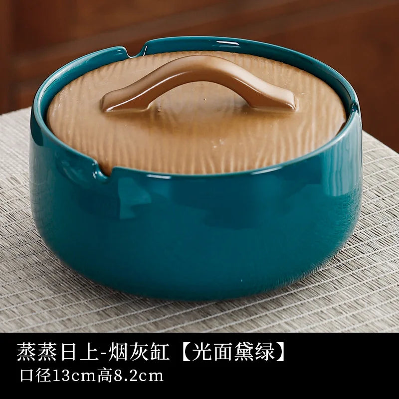 Ceramic Large Ashtray with Lid Anti-flying Dust Personalized Fashionable Household Living Room Office Retro Large Ashtray Oasis Select green