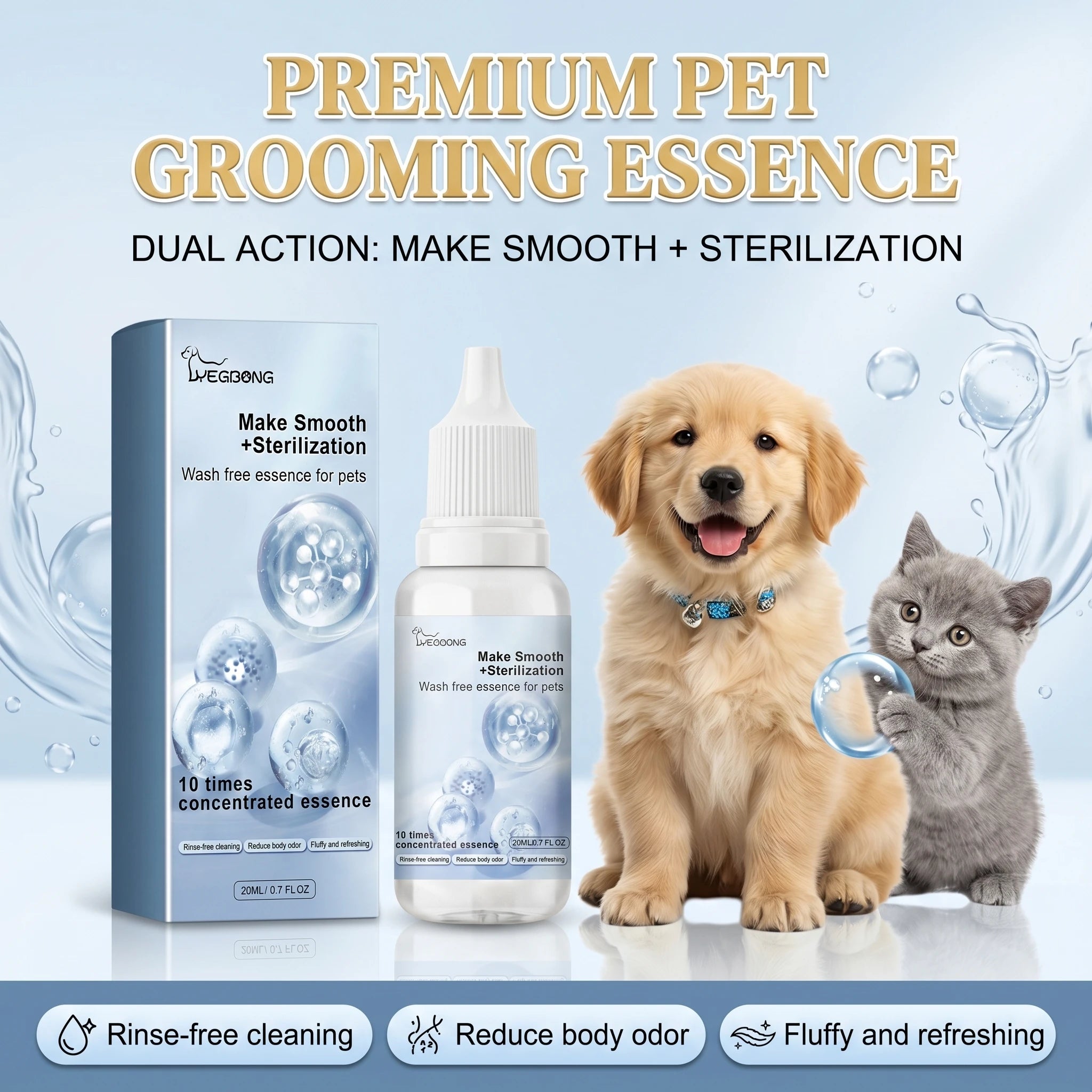 Pet Wash-Free Essence 20ml Sterilization & Odor Remover Waterless Cleaning Serum Softens Fur and Adds Shine Long Lasting Fresh Oasis Select