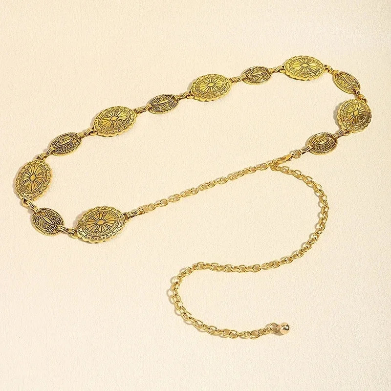 Retro style women's metal waist chain accessories Decorative circle carved chain belt high style accessories Oasis Select