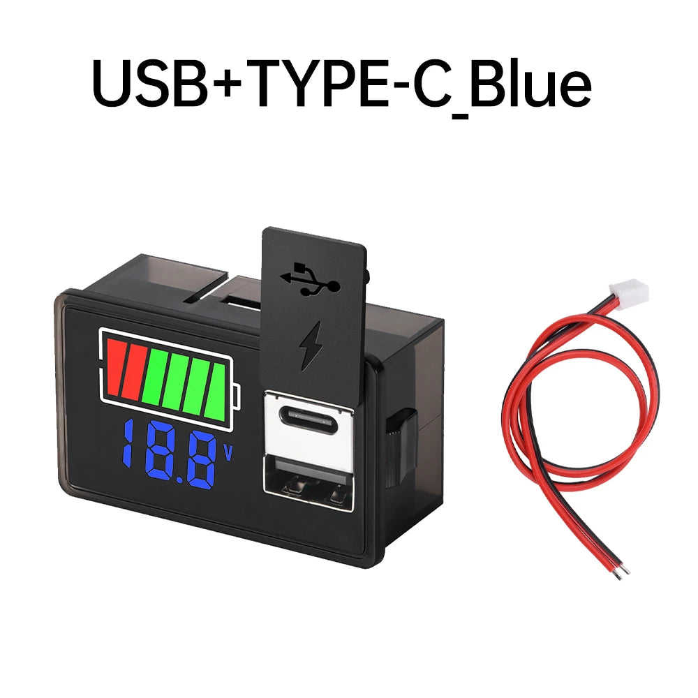 DC 8~30V Type-c USB Car Battery Voltmeter Charge Level Indicator Lithium Battery Capacity Meter Test Display LED Tester Oasis Select Blue light