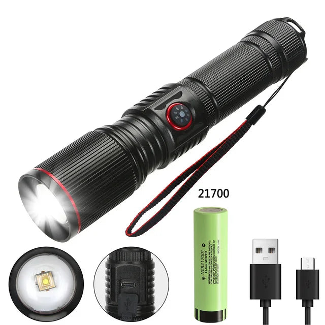 Portable Powerful LED Flashlight 2000LM Tactical Zoom Torch USB Rechargeable 18650 or 21700 Battery Camping Fishing Lantern Oasis Select 21700 battery