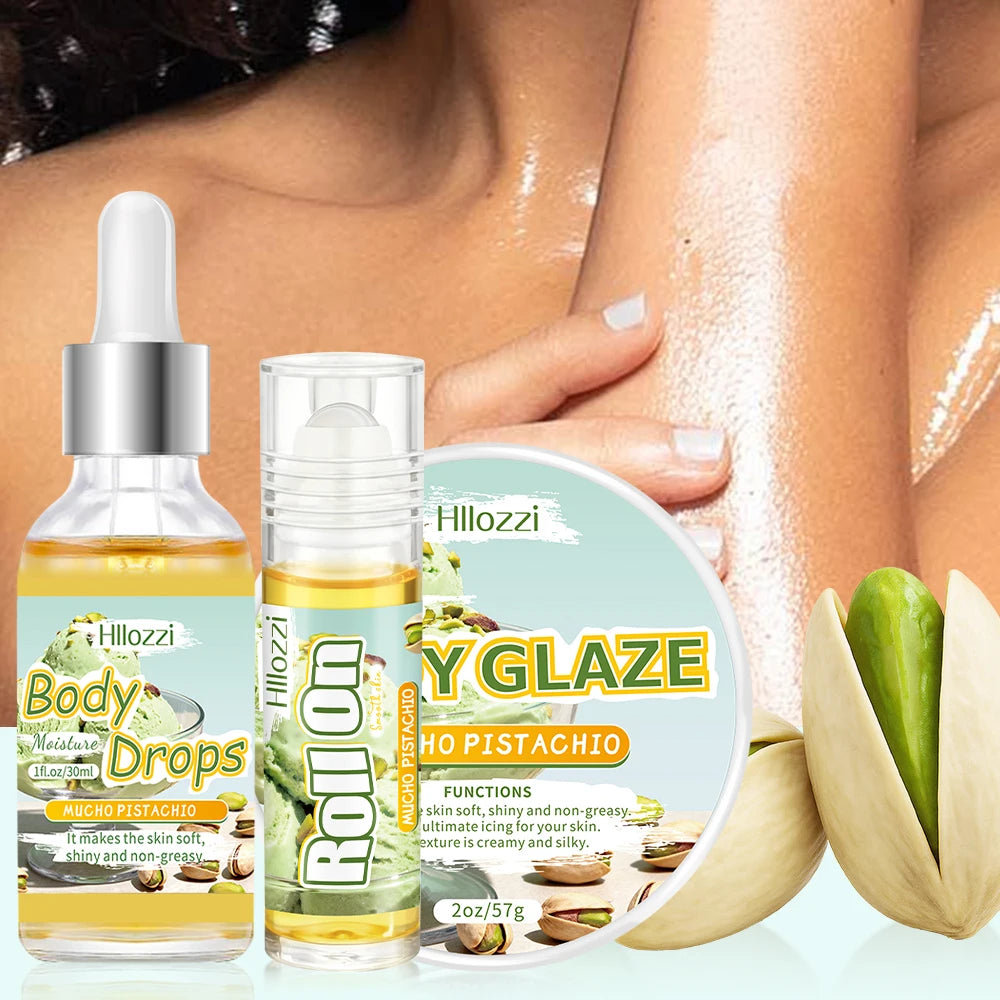 Pistachio body oil and glaze set includes a Roller oil for moisturizing and hydrating dry skin. Oasis Select