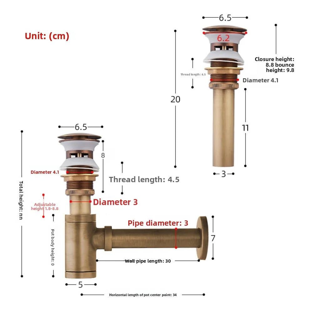 Brass Modern Round Bottle P trap 1 1/4, Sink Drain Pipe P trap Kit Antique with Pop up Drain Oasis Select