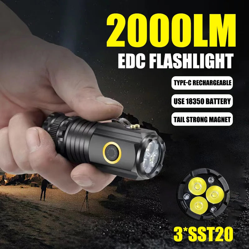 Powerful Portable Mini LED Flashlight 2000LM 3LED Ultra Strong Light 18350 Built-in Battery USB Rechargeable With Magnet Torch Oasis Select