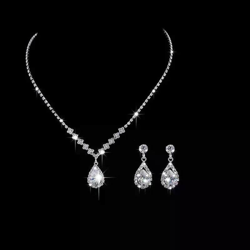 Vintage Crystal Waterdrop Pendant Necklace Earrings Silver Wedding Jewelry Set Oasis Select