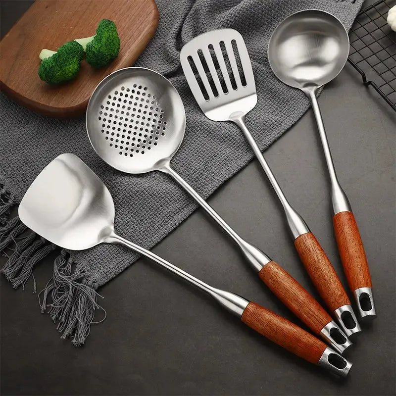 4-Piece Stainless Steel Cooking Utensil Set – Wooden Handle Cooking Utensil Set Oasis Select