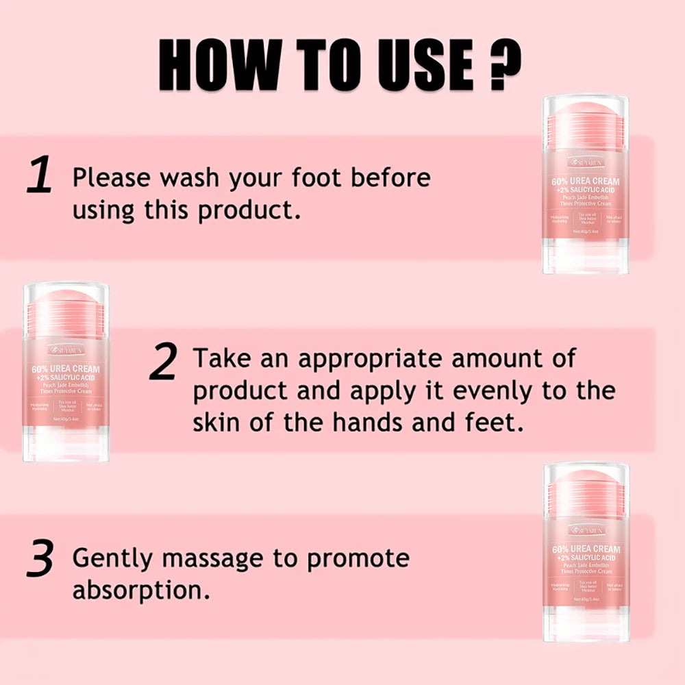 SUYARUN 60% Urea Cream & Peach Scented Foot Balm Stick Combo – Intensive Cracked Heel Repair, Deep Moisturizing and Hydration. Oasis Select