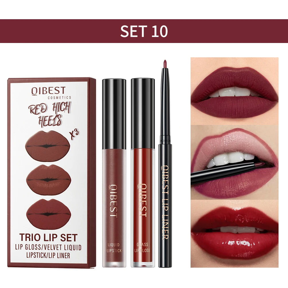 QIBEST 3-in-1 Matte Lipstick, Lip Liner & Gloss Set