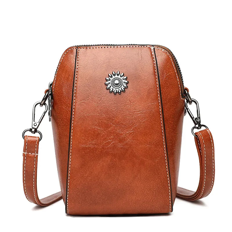 Single Shoulder Crossbody Bag Female Fashion Temperament Leather Women's Bag Vertical Mobile Phone Bag Crossbody Mini Small Bag Oasis Select Brown