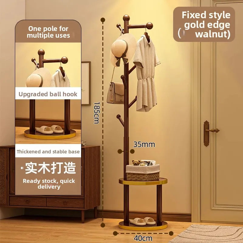 Multi-functional Bedside coat rack living room solid wood hanger double storage home floor hanger bedroom Oasis Select Walnut-F