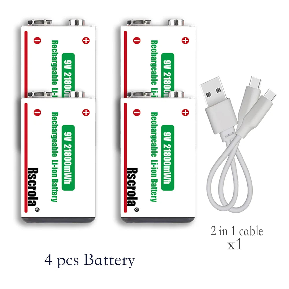 21800mWh High Capacity Rechargeable 9V Lithium ion Battery with USB-C for Guitar Microphone Smoke Detector Pedal with Cable Oasis Select 9v 4 pcs 9v Batteries