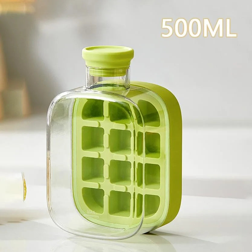 500/800ml 2in1 Ice Cube Tray with Water Bottle Press Type Portable Ice Maker High Capacity Ice Mold for Home Kitchen Summer Use Oasis Select Green-600ml