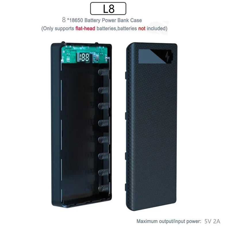 8/10*18650 Power Bank Battery Box Holder Portable Dual USB Type C Charge Shell for iPhone Xiaomi Huawei 18650 Battery Cases Oasis Select 8 Slot Black