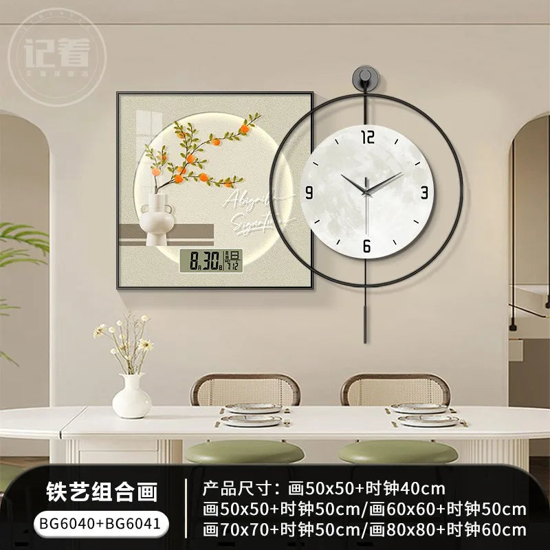 Simple Green Plant Perpetual Calendar Electronic Clock Guest Restaurant Decorative Painting Iron Combination Wall Clock Oasis Select BG6040 BG6041 60x60 clock 50cm