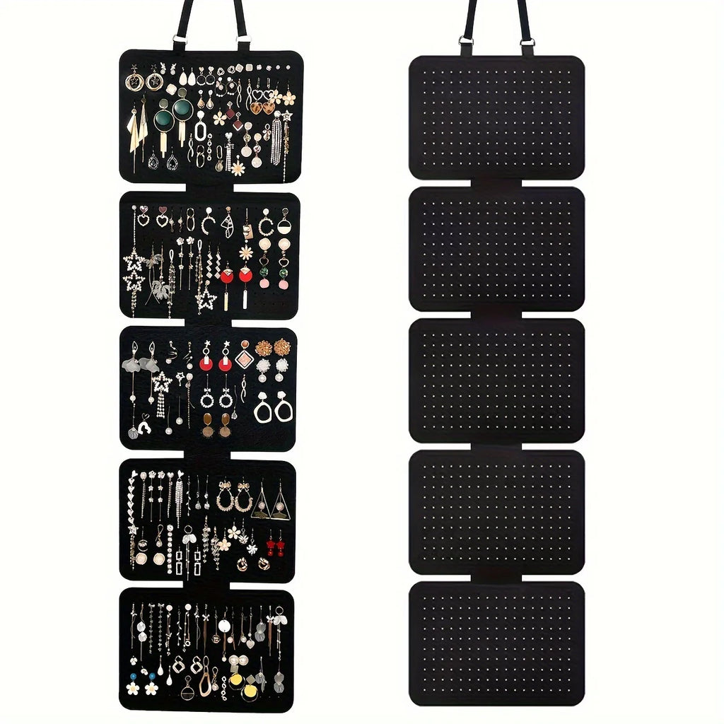 1pc Foldable Felt Jewelry Organizer,Wall Hanging 5-Tier Earring Pendant Display,Storage Bag For Necklaces,Bracelets Oasis Select black