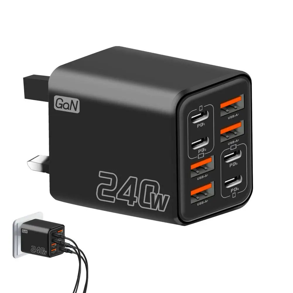 240W 8-Port GaN USB-C PD Wall Charger – Travel Adapter US EU UK