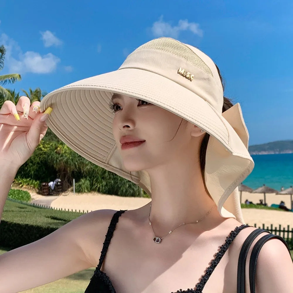 Summer Large Brim Sun Hat Neck Protection Anti-UV Empty Top Ponytail Cap Sun Protection Breathable Beach Shawl Hat Oasis Select Beige