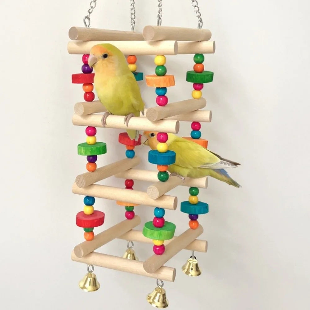 Colorful Wooden Parrot Climbing Ladder Toy with Bells | Bird Cage