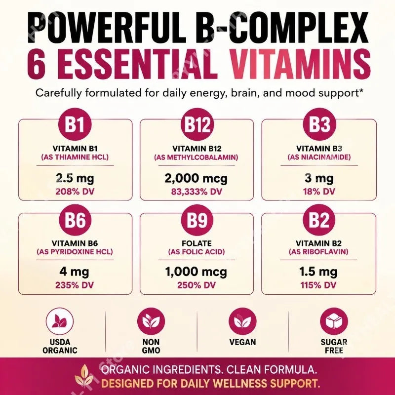 8-in-1 Organic Vitamin B Complex Liquid Drops | B12 Biotin 60mL Liquid B Vitamin Complex Oasis Select