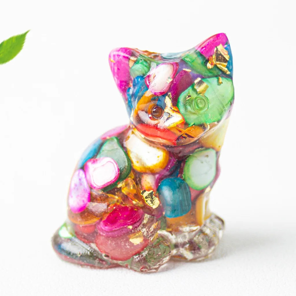 Natural Crystal Gravel Resin Sitting Turning Face Cat Figurine With Gold Foil Cute Desktop Decor For Home Office Oasis Select color 6