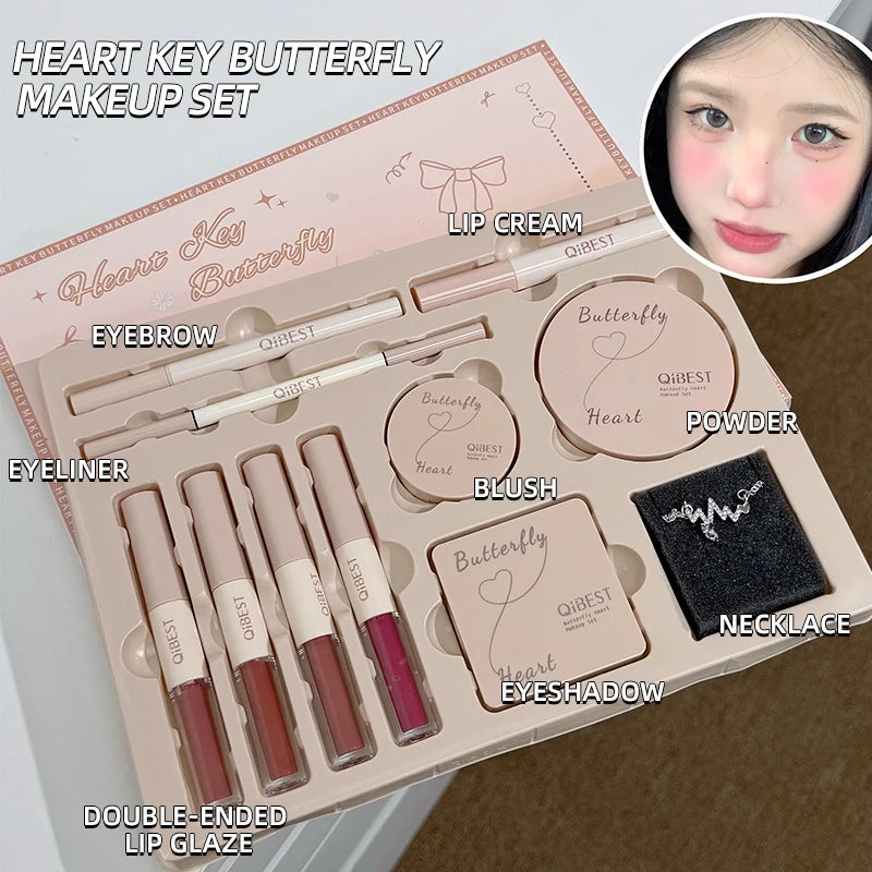 QIBEST 4 Colors Double Head Lip Glaze,Pressed Powder,Blush,Eyeshadow, Eyebrow Pencil,Eyeliner,Lip Oil Multipurpose Makeup Kits Oasis Select Makeup Sets