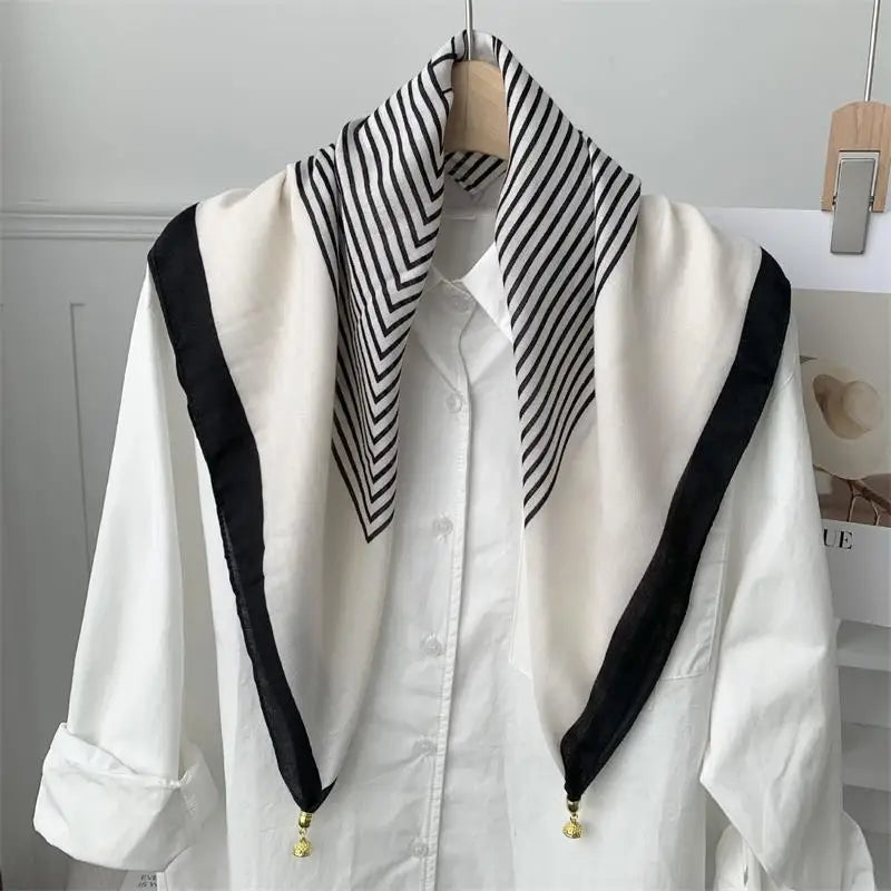 70x70 Retro Print Square Silk Scarf with Magnetic Buckle