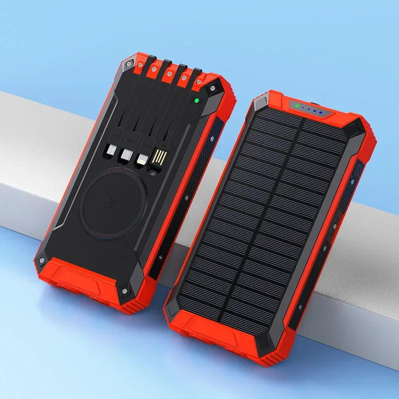 20000mAh all-purpose Solar Power Bank Battery Mobile Solar Station USB 4 in1 Super Fast Charging Wireless Charger LED Light Oasis Select Red 20000mAh