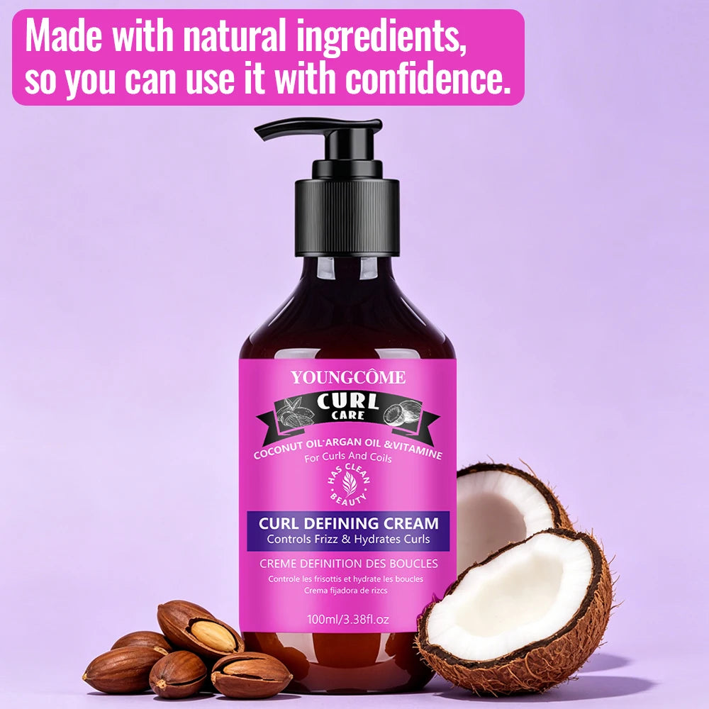 YOUNGCOME CURLCARE Coconut Argan Oil Curl Defining Cream, Control Hydrating Styling Cream for Curly & Coily Hair 100ML Oasis Select