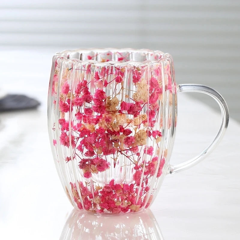 Borosilicate Double-Wall Ribbed Glass Mug, Dried-Flower Heatproof Lovely Cup for Coffee & Tea, Home&Office Gift, Handwash Oasis Select Pink-white 450ML