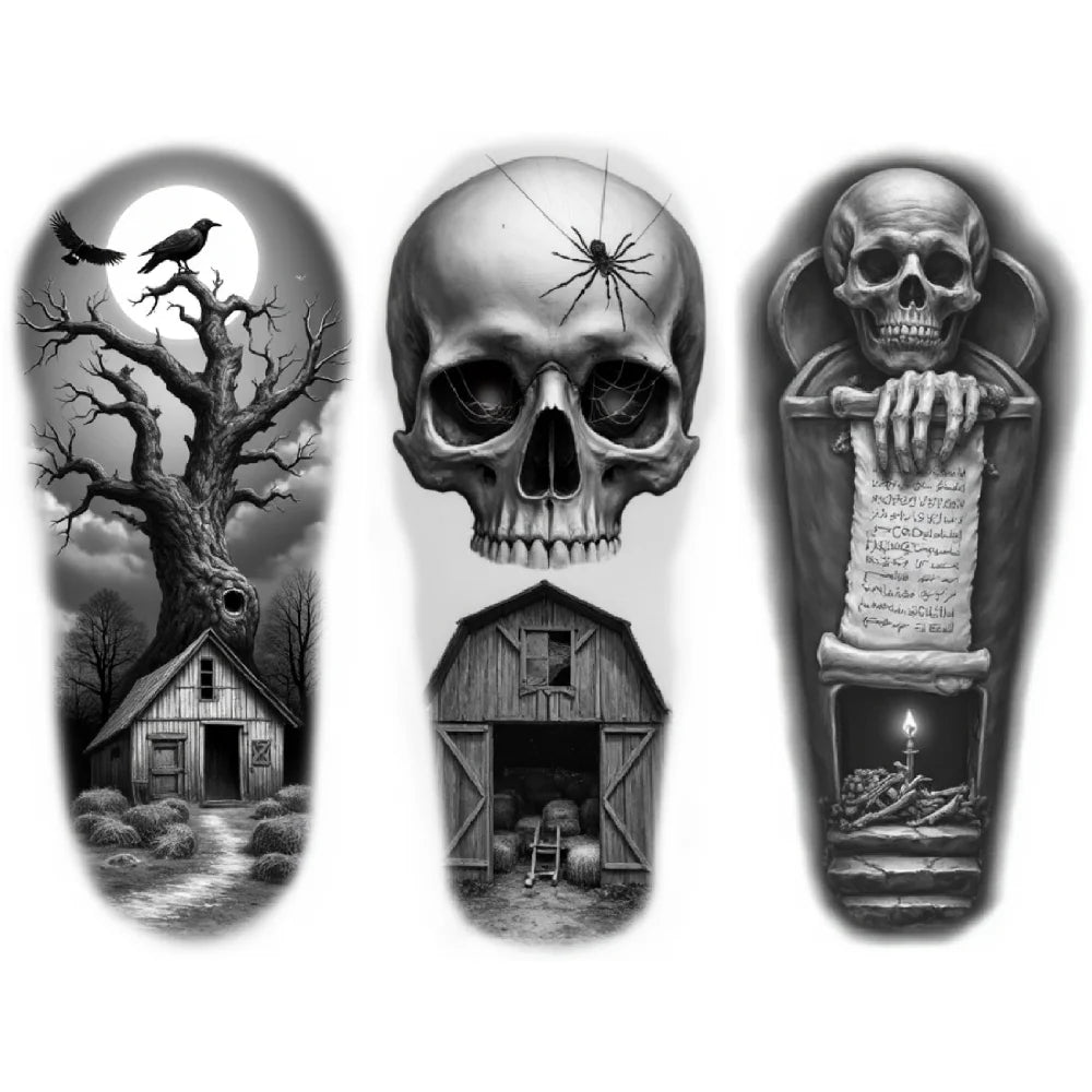 3-Pack Skull & Web Realistic Temporary Tattoos – Black & Grey