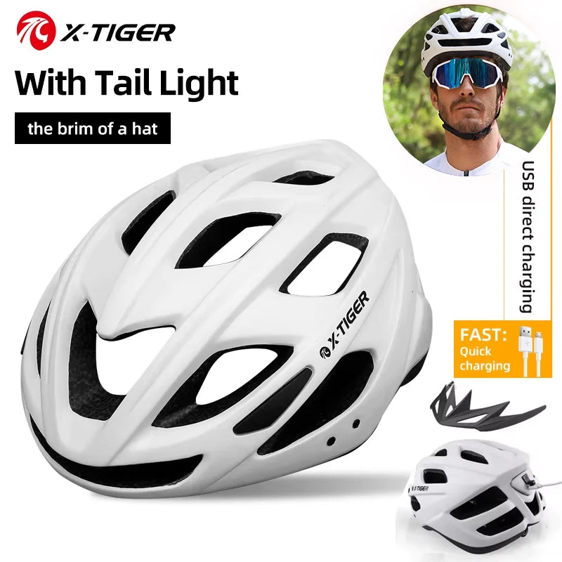 X-TIGER Cycling Helmet LED Tail Light Breathable One-piece Mountain Road Sports Bicycle Helmet Rechargeable with Brim Design Oasis Select