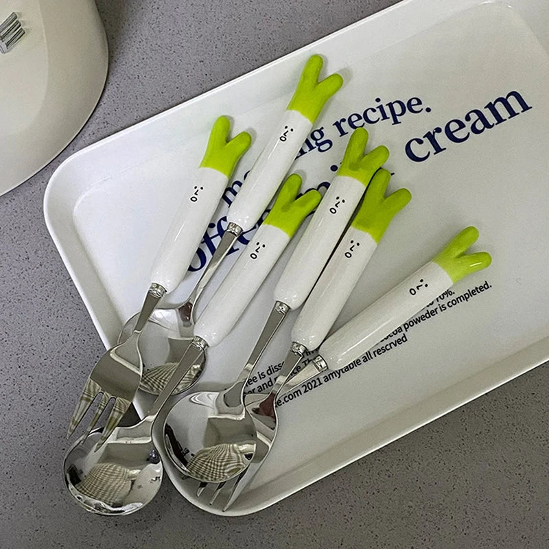 1Pcs Cute Cartoon Green Onion Stainless Steel Ceramic Tableware Creative Family Spoon and Fork Birthday Gifts for Boys Girls Oasis Select