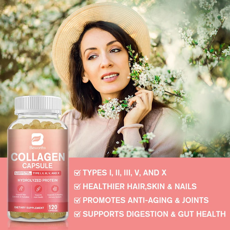 BEWORTHS Collagen Capsules Type I, II, III, V & X Hydrolyzes Protein Collagen Peptides Immune System and Skin, Joint Health Oasis Select