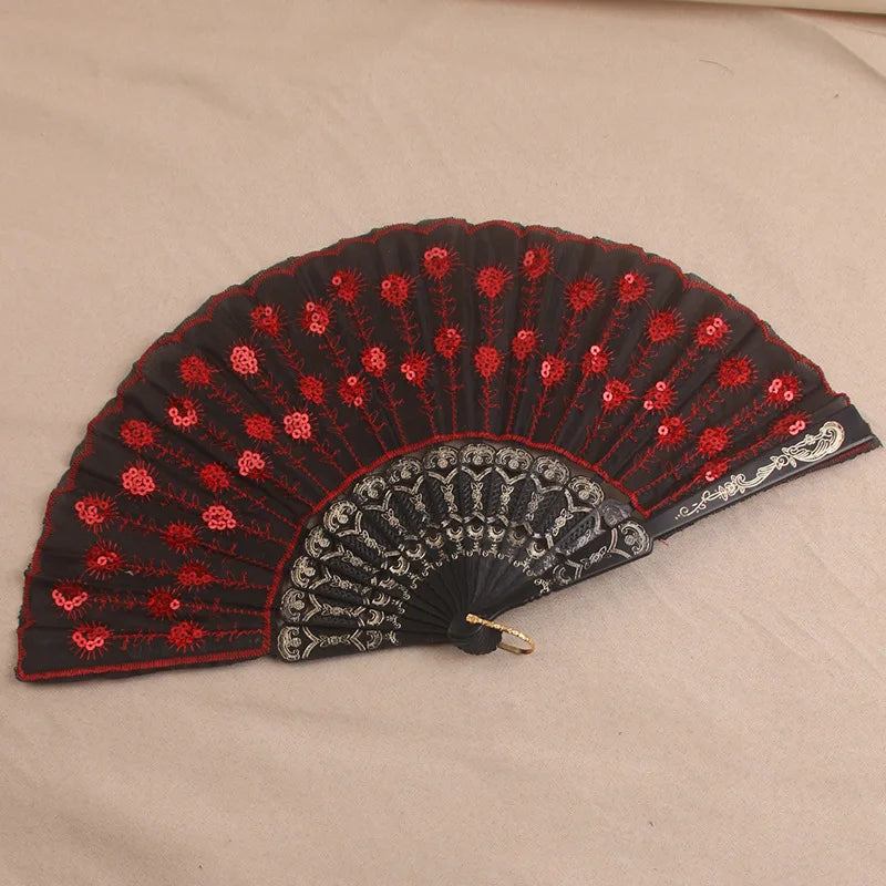 Silk Fan Folding Fan Wedding Art Gifts Peacock Sequin Dancing Fan Hand Held Fan Home decoration Oasis Select C