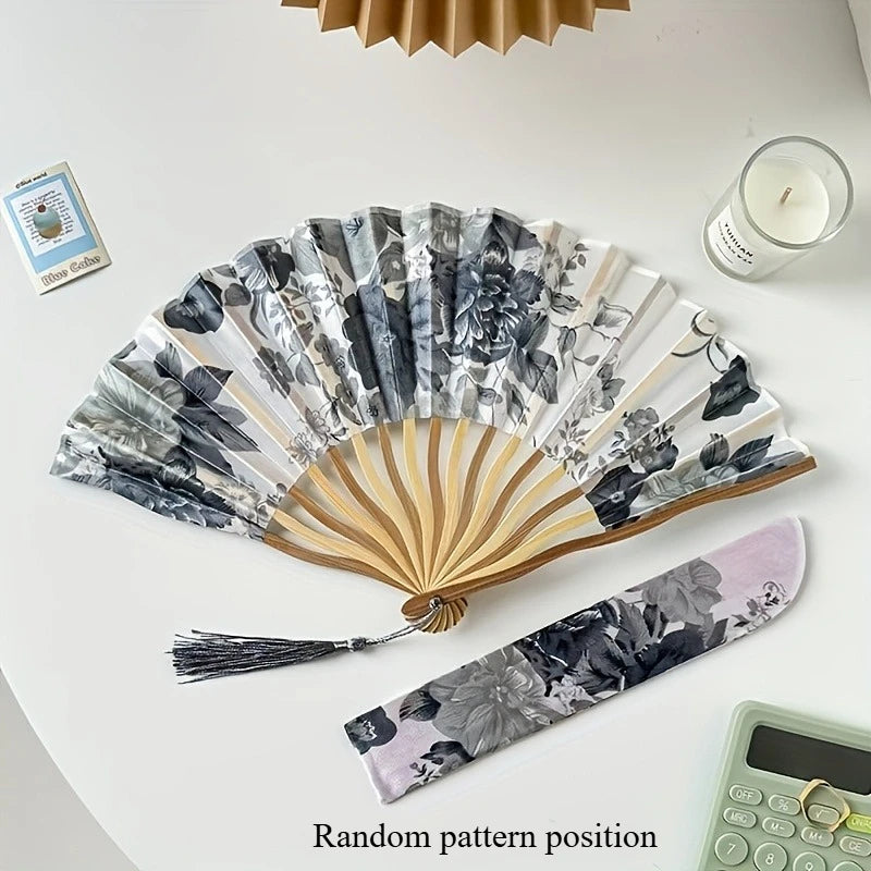 Traditional Chinese Ink Painting Folding Fan Portable Bamboo Cloth Hand Fan with Floral Pattern and Tassel for Qipao Accessory Oasis Select grey and fan cover