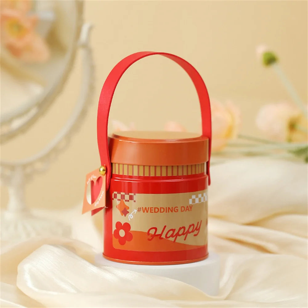 Wedding Tin Candy Box Round Storage Boxes Portable Handle Sugar Coffee Tea Tinplate Organizer Can Children Gifts Packaging Box Oasis Select Red other