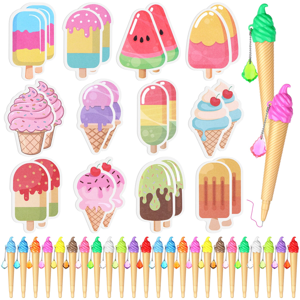 48Pc Ice Cream Cone Pens with Sticky Notes Ice Cream Party Supplies Kit Assorted Summer Fruit Popsicle Stick Back to School Gift Oasis Select
