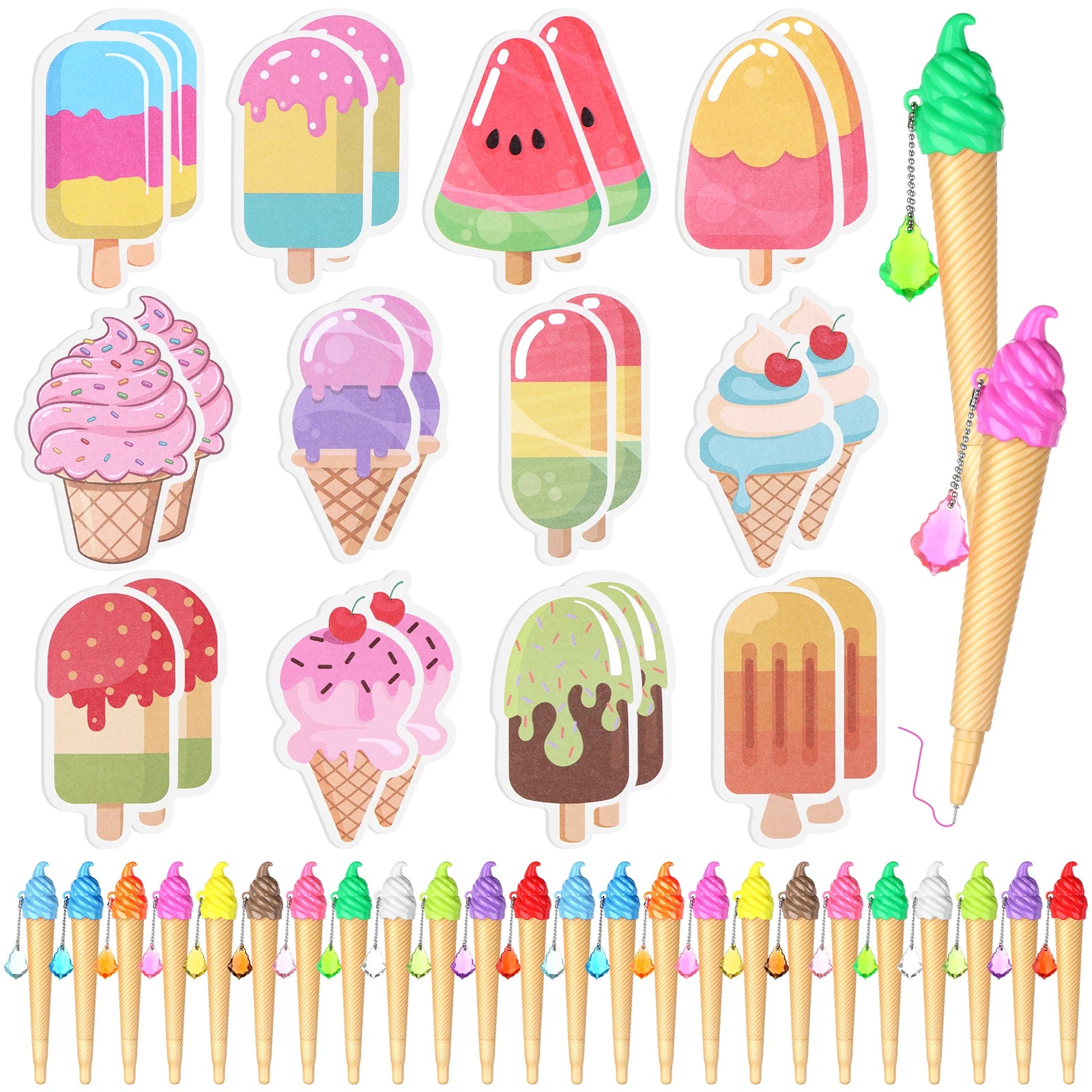 48Pc Ice Cream Cone Pens with Sticky Notes Ice Cream Party Supplies Kit Assorted Summer Fruit Popsicle Stick Back to School Gift Oasis Select