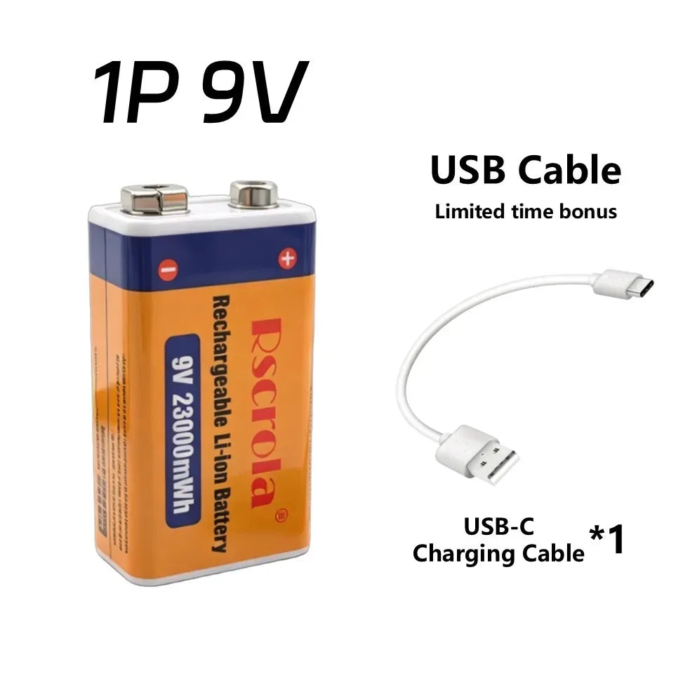 Rscrola 9V USB-C Rechargeable Battery 23600mWh Li-ion Constant Voltage for Guitar Pedal Smoke Detector Multimeter, Long Life Wit Oasis Select 1 PCS Battery 9v