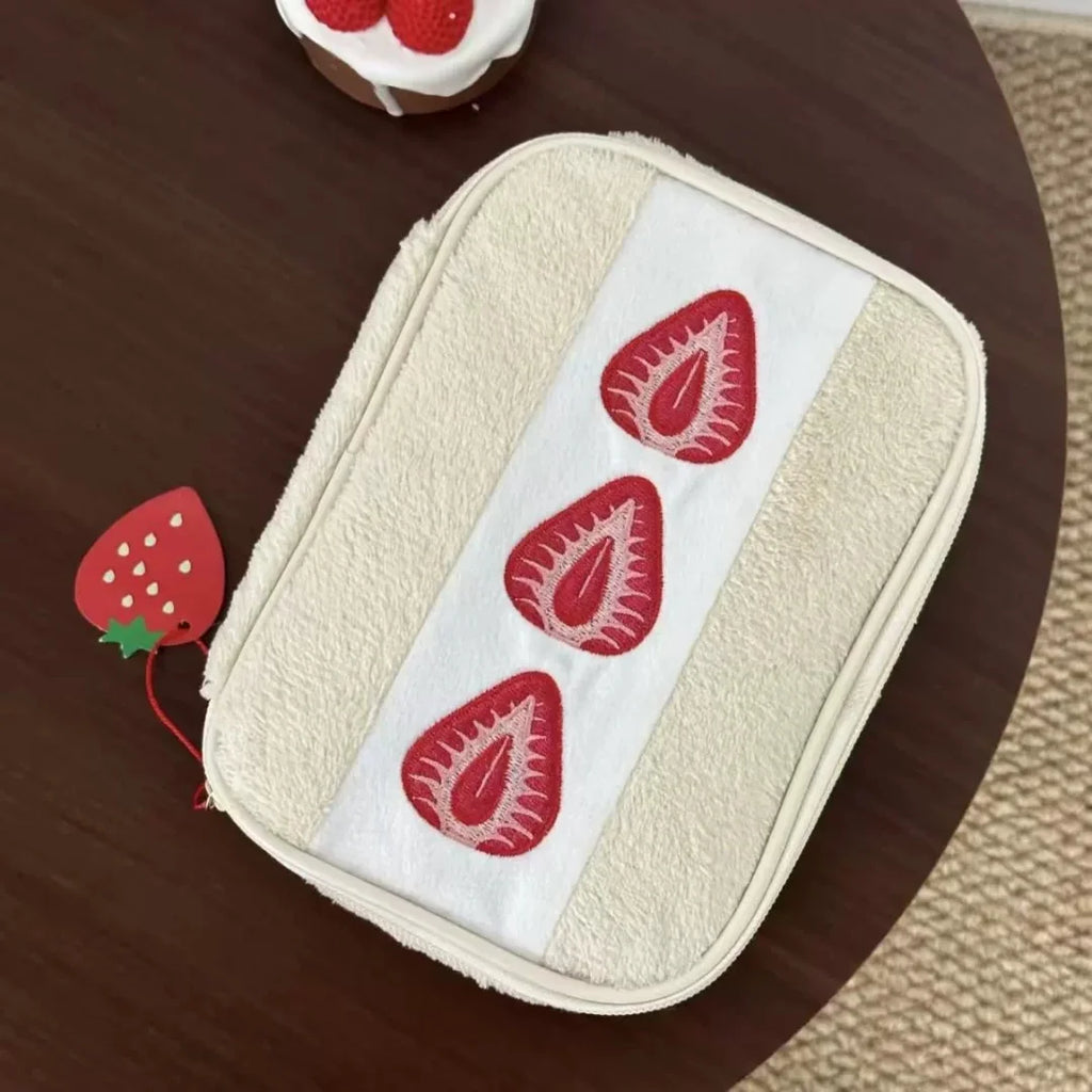 Cute Embroidered Strawberry Pencil Case Portable Stationery Pen Box Multi Functional Large Capacity Makeup Bag Storage Bag Oasis Select beige